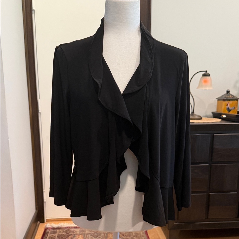 Nina Leonard Black Ruffle-Front Waterfall Open Cardigan Sheer Polka Dot Back